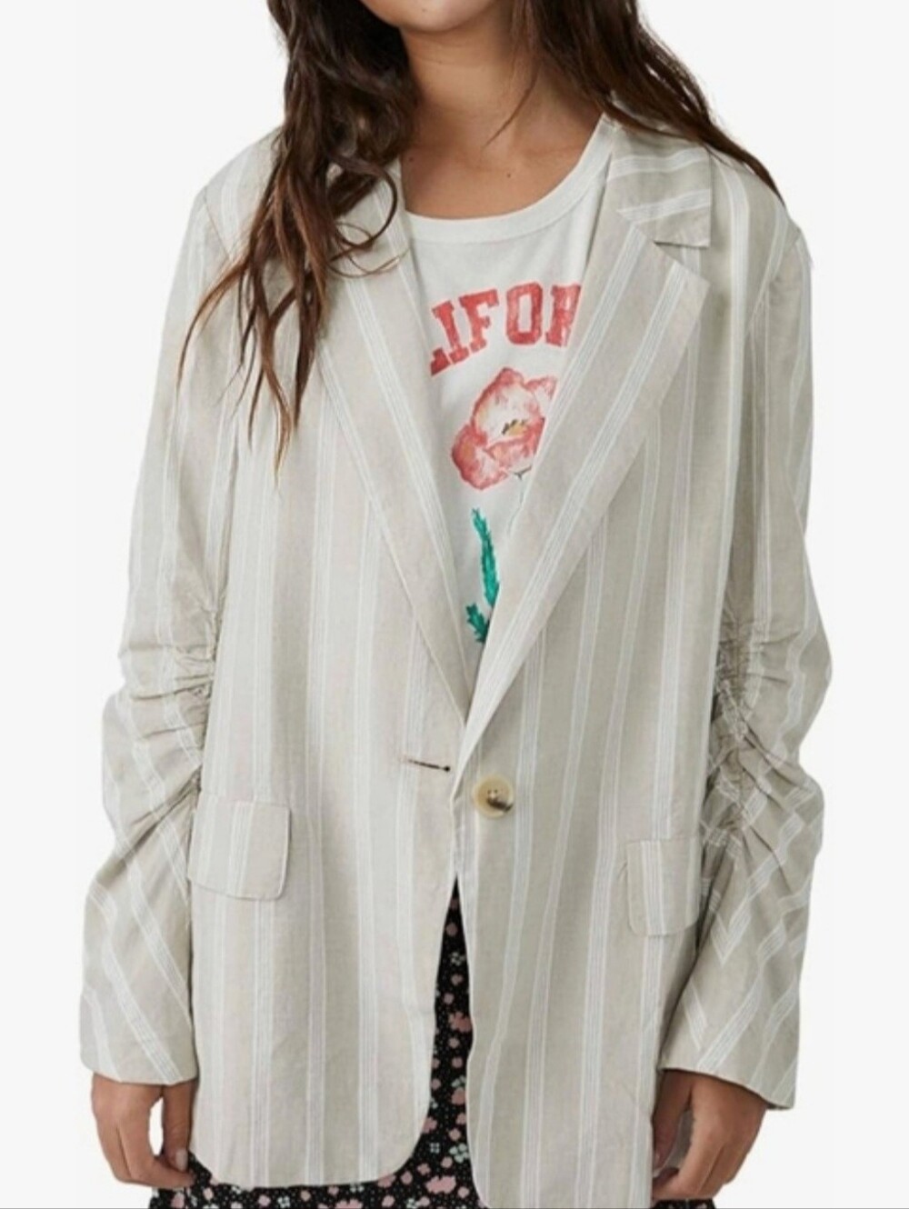 Free People Fern Striped Blazer Neutral Linen Look Ruched Sleeve S